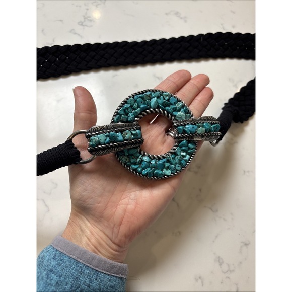 Chicos Southwest Boho Belt Turquoise Metal Round Buckle Fabric Black Braided XL - Picture 3 of 7